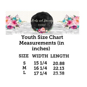 May include: A youth size chart with measurements in inches. The chart includes sizes S, M, and L, with corresponding width and length measurements. The image features the "Hooks and Unicorns BOUTIQUE" logo at the top.