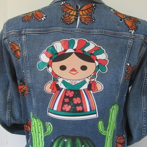 Hand painted/Mexican Style cactus and butterflies&#39; women/girl&#39;s denim Jacket/size small.