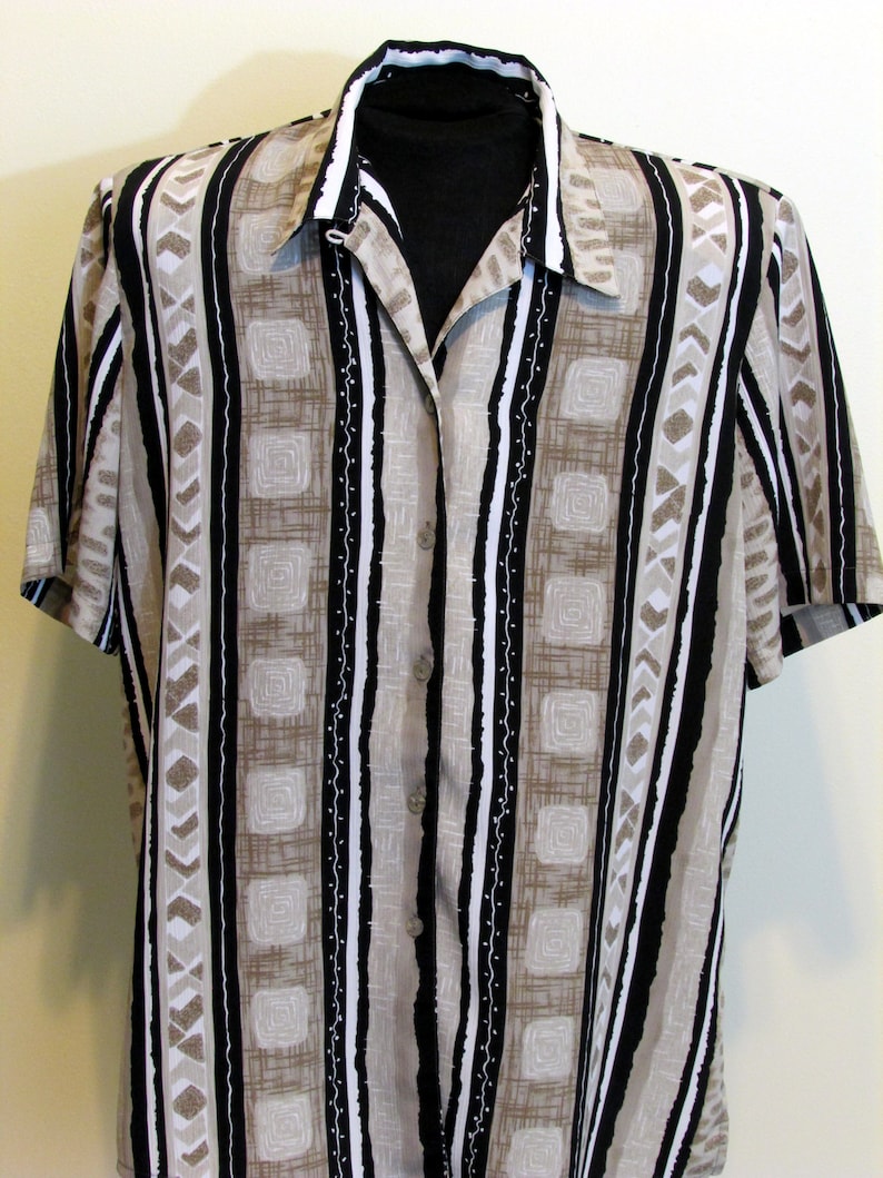 Women/'s Tanjay Blouse Beige Black White Mod Abstract Geometric Pattern 16 Polyester