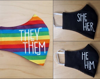 Pronouns She/Her, He/Him, They/Them, Gender Inclusive Reversible Reusable Washable Cotton Double Layer Lightweight Face Mask