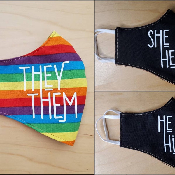Pronouns She/Her, He/Him, They/Them, Gender Inclusive Reversible Reusable Washable Cotton Double Layer Lightweight Face Mask