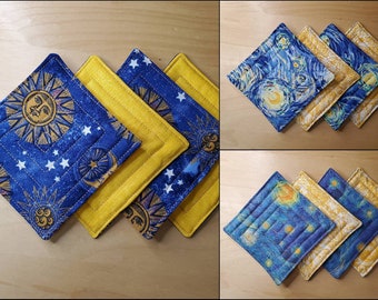 Celestial Sun & Moon quiltade tygunderlägg, set om 4, Stjärnklar natt Vincent van Gogh, vändbar tvättbar tyggegummimatta