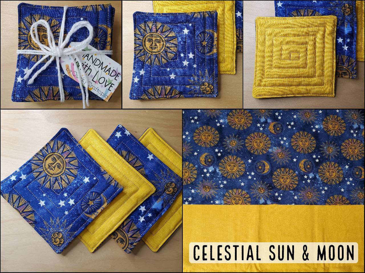 Moon Rug Coaster Celestial Sun & Moon Quilted Fabric Coasters Set of 4, Starry Night ...
