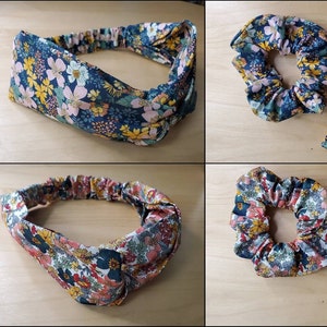 70s RETRO Floral Headband & Scrunchie, Wide Twisted Fabric Headband with Elastic Back, Fabric Hair Tie, Stylish Hair Accessories