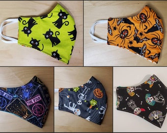 Halloween Black Cats| Witch Hats| Tossed Tarot Cards| Spiders & Bats Reversible Reusable Washable Cotton Double Layer Lightweight Face Mask
