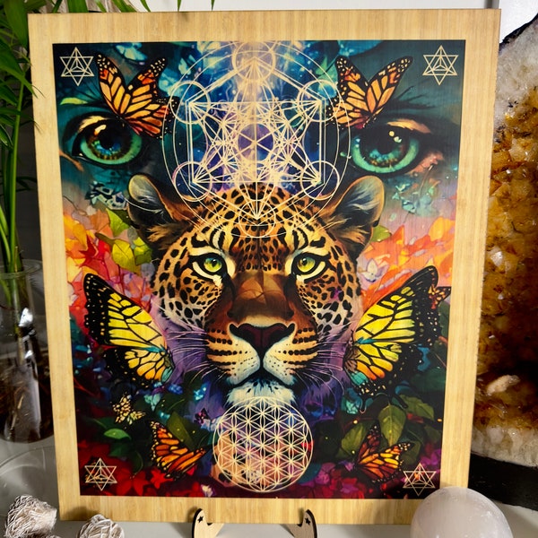 Jaguar | flower of life | Metatrons cube | Art print on Bamboo