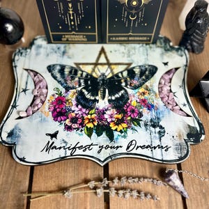 Alter peice | Card + trinket holder| Sacred Space alter piece  | vintage Moth with pentagram- add your custom saying or message