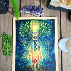 May include: A framed print depicting the human body with chakra symbols, a tree, and geometric shapes. The artwork features a blue and green background with a golden frame. A pendulum and a crescent moon are also visible.
