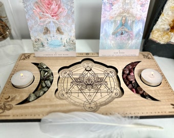 Metatrons cube + lotus I Alter | Sacred Space Wooden engraved alter piece  | Tarot Card holder