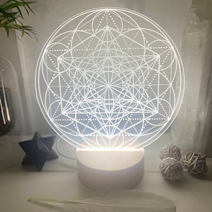 Metatron's Cube & Seed of Life Illuminated Wooden Base: Sacred Geometry LED Light with USB Connection