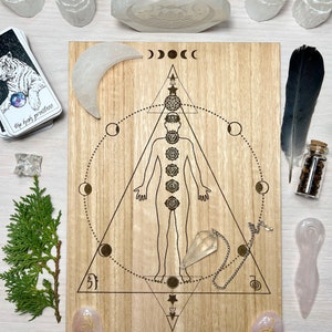 May include: A wooden board with a geometric design featuring a human figure with seven chakras, a triangle, and a circle. The board is surrounded by crystals, a feather, and a pendulum.
