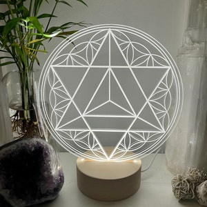 Merkaba & flower of life - Sacred Geometry with wooden led light base - universal usb connection
