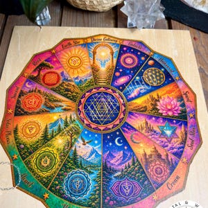 May include: A circular wooden wall art piece featuring a vibrant, multi-colored mandala design. The artwork displays twelve distinct segments, each labeled with terms like Earth Star, Root, Sacral, Solar Plexus, Heart, Throat, Third Eye, Crown, Soul Star, Spirit, Universal, and Galactic. A central Sri Yantra symbol is surrounded by detailed landscapes, celestial bodies, and geometric patterns in a spectrum of bright colors.