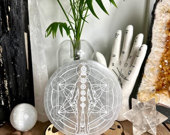 Distant Healing board + Metatrons cube on selenite plate Large 14cm circ
