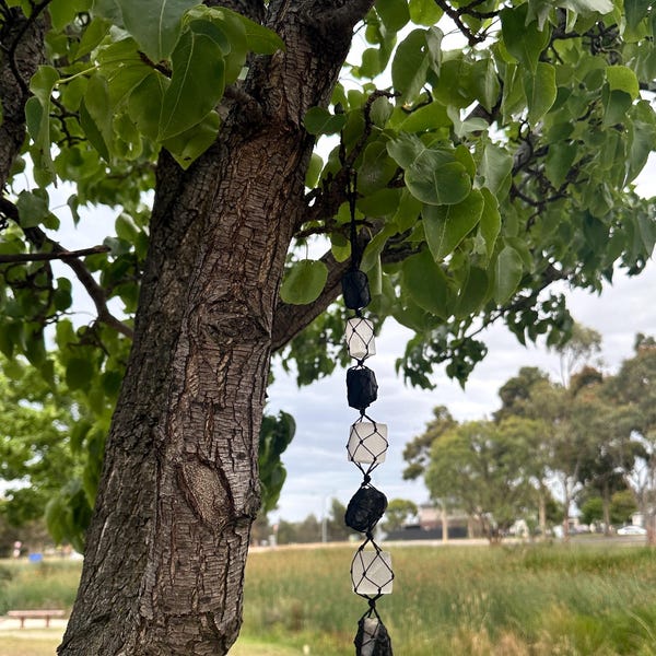 Selenite | Macrame hanger - house protection - Selenite, Raw Black Tourmaline