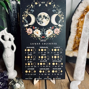 Calendario de fases lunares 2025: arte de pared de recuerdo con diseño floral de triple luna personalizado