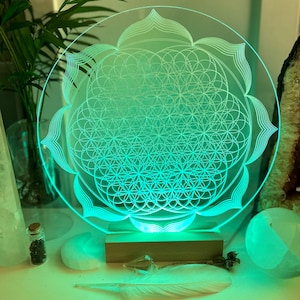 Flower of Life + Seed petal of life vibrational variation | high vibrational pattern | optional USB Rainbow Colours LED light base