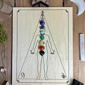 May include: A wooden board with a human figure outline and seven chakra stones placed along the spine. The board has a triangle shape with the text "chakra" at the top and symbols at the bottom.