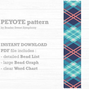 May include: A digital peyote pattern with a geometric design in shades of teal, navy, and coral. The text reads "PEYOTE pattern" and "INSTANT DOWNLOAD". The PDF file includes a detailed bead list, a large bead graph, and a clear word chart.