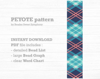 Blue and Salmon Tartan Peyote Bracelet Pattern - Beading pattern