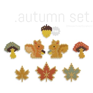 Op de afbeelding: Een set van negen kralensprites met herfstthema's. De set bevat twee eekhoorns, twee paddenstoelen, een eikel en drie bladeren in verschillende kleuren. De tekst "free" is zichtbaar in een cirkel.