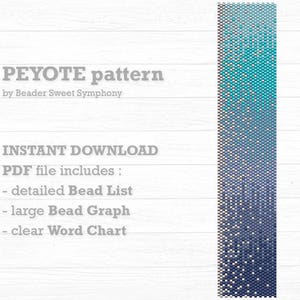 Peut inclure: Un modèle de téléchargement numérique pour un bracelet en perles de point de peyote. Le modèle comprend une liste de perles, un graphique de perles et un tableau de mots. Le bracelet est un dégradé de perles bleues et blanches.
