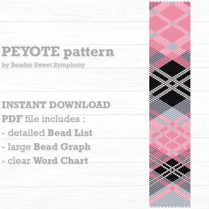 May include: A pink, black, and gray peyote stitch beading pattern. The pattern is for a bracelet or necklace. The text "PEYOTE pattern" and "by Beader Sweet Symphony" is at the top of the image. The text "INSTANT DOWNLOAD" and "PDF file includes: - detailed Bead List - large Bead Graph - clear Word Chart" is at the bottom of the image.