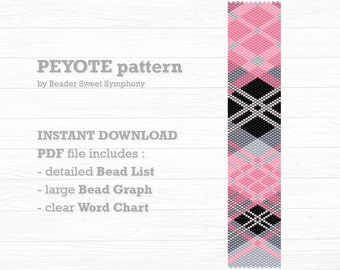 Pink and Grey Tartan Peyote Bracelet Pattern - Beading pattern