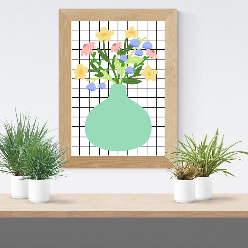 Flower vase with grid art print Etsy