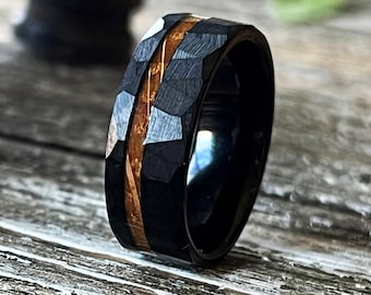 THE WARRIOR: Whiskey Barrel Black Hammered Tungsten Wedding Band