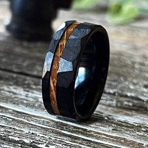 Mens Wedding Ring Whiskey Barrel wood Black Tungsten Band Hammered