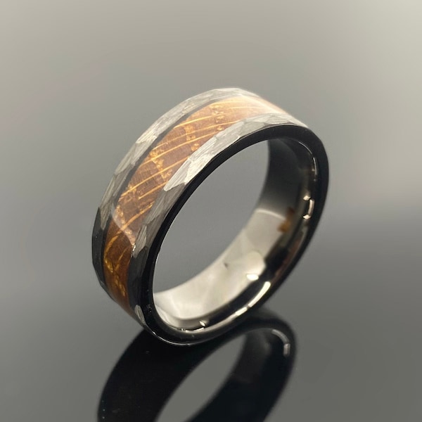 The Bourbon: Whiskey Barrel wood Ring Hammered Tungsten Wedding Band with White Oak Inlay