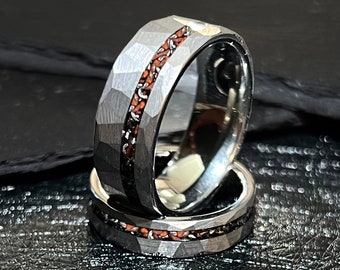 Galaxy T-Rex: Dino Bone & Meteorite Hammered Silver Tungsten Dinosaur Offset Wedding Band Ring