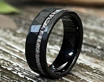 The Dark Elk: Deer antler hammered black Tungsten facet wedding ring band