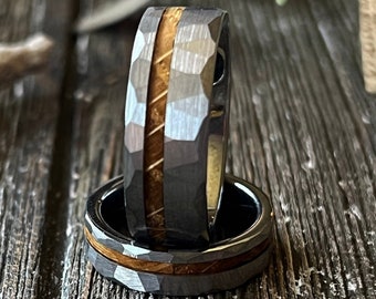 The Gladiator: Whiskey Barrel Silver Tungsten Hammered wood wedding ring band