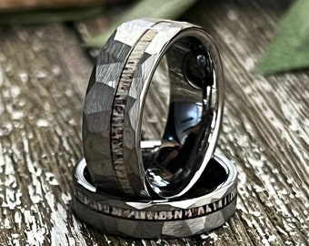 The Silver Elk: Deer antler hammered silver tungsten wedding ring band