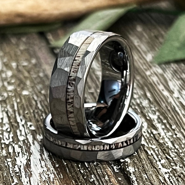 Reclaimed Antler Hammered Tungsten Wedding Band: The Silver Elk Ring
