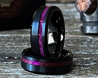 The Royal Flush: Purple Box Elder Wood Ring Tungsten Black Bevelled Wedding Band Inlay