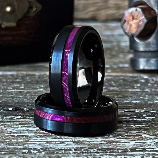 The Royal Flush: Purple Box Elder Wood Ring Tungsten Black Bevelled Wedding Band Inlay