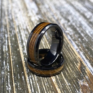 Couples Set Whiskey Barrel Gunmetal Tungsten Wedding Band with White Oak Ring Inlay