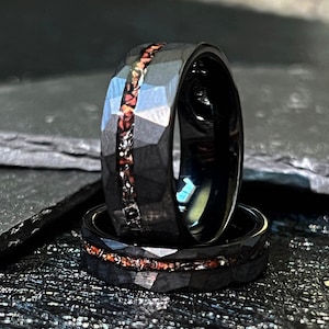 THE RAPTOR: Meteorite & Dinosaur Bone Hammered Black Tungsten Offset Wedding Band Ring