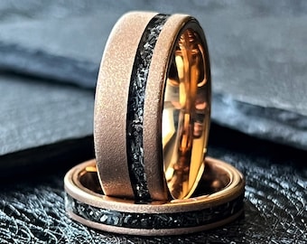 Meteorite Rose Gold Sandblasted Tungsten Offset Wedding Ring Band