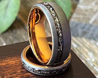 THE ZEUS: Meteorite Rose Gold Tungsten Sandblasted Silver wedding ring band