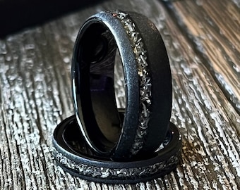 The Asteroid: Black Meteorite Sandblasted Smooth wedding ring band