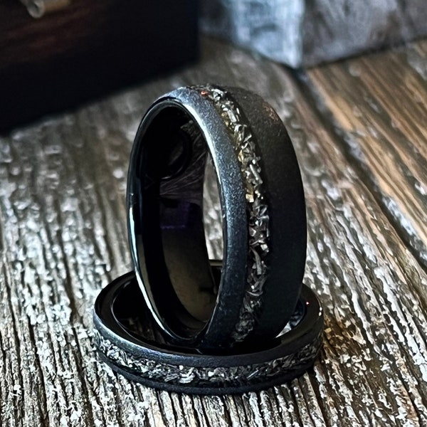 The Asteroid: Black Meteorite Sandblasted Smooth wedding ring band