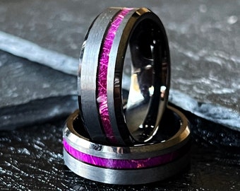 The Prince: Purple Purple Box Elder Wood Ring Tungsten Bevelled Gunmetal wedding Band Offset