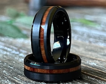 THE ALOHA: Hawaiian Koa Bevelled Black Tungsten Wedding Band Wood Ring