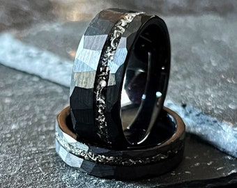 Black Meteorite: Hammered Tungsten Facet Wedding Band Ring