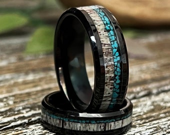 The Royal Elk: Deer antler crushed turquoise black polished tungsten bevelled wedding ring band