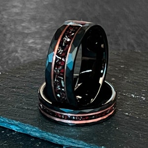 Jurassic Meteorite: Dinosaur Bone Meteorite Black Tungsten Hammered with Rose Gold inlay